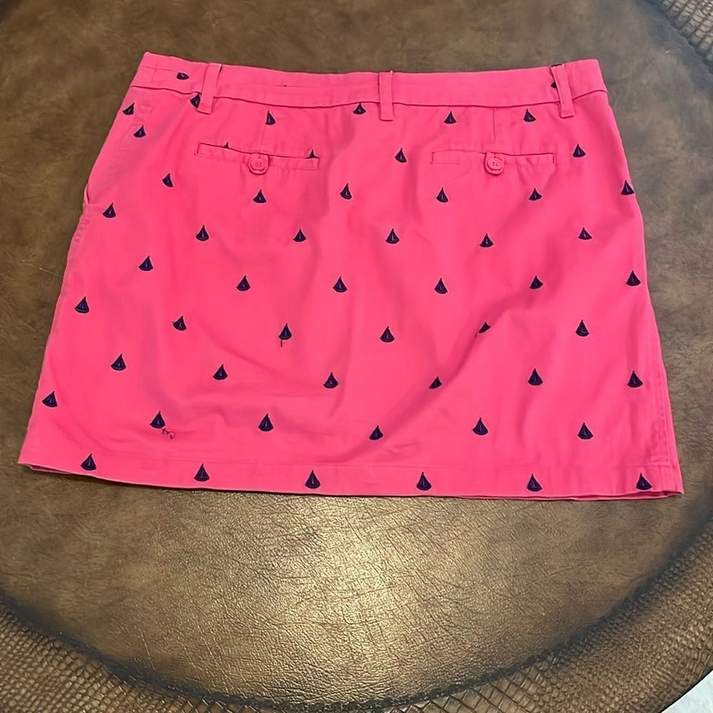 British Khaki Pink Skirt with Embroidered Navy Blue Sail Boats Size 14 - Picture 2 of 4